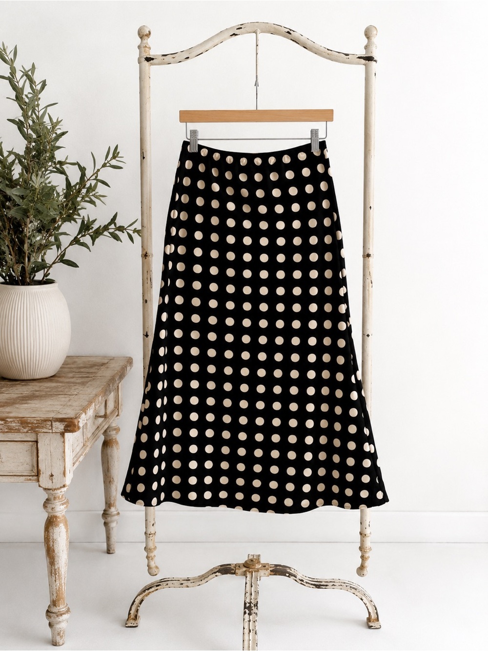 Black Midi Skirt with Cream Polka Dots